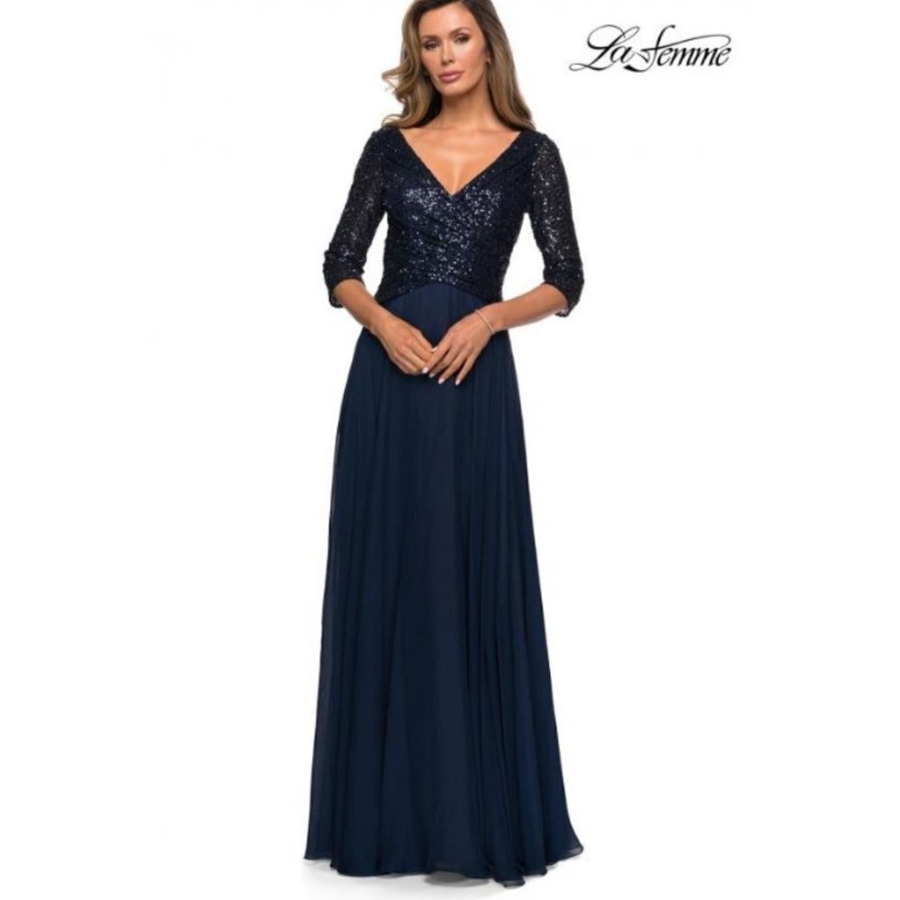 La Femme Women's Mother Of The Bride Navy Full Length Evening Dress - 6